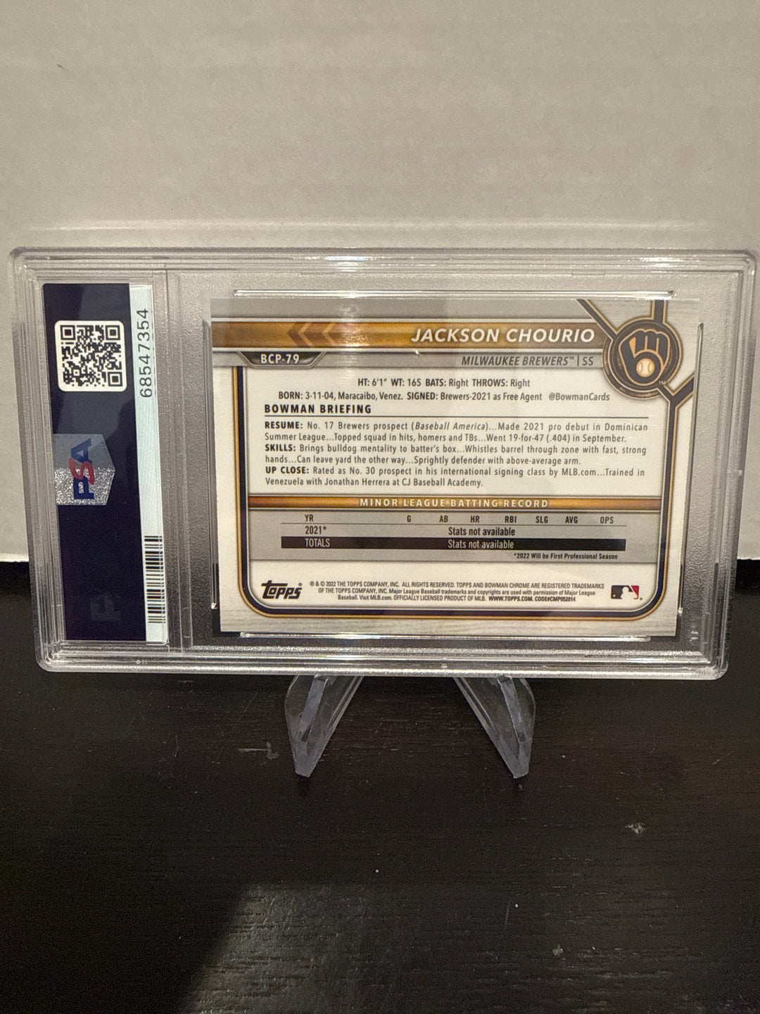 Jackson Chourio 2022 Bowman Chrome Mega Box 1st, PSA 10 Gem Mint