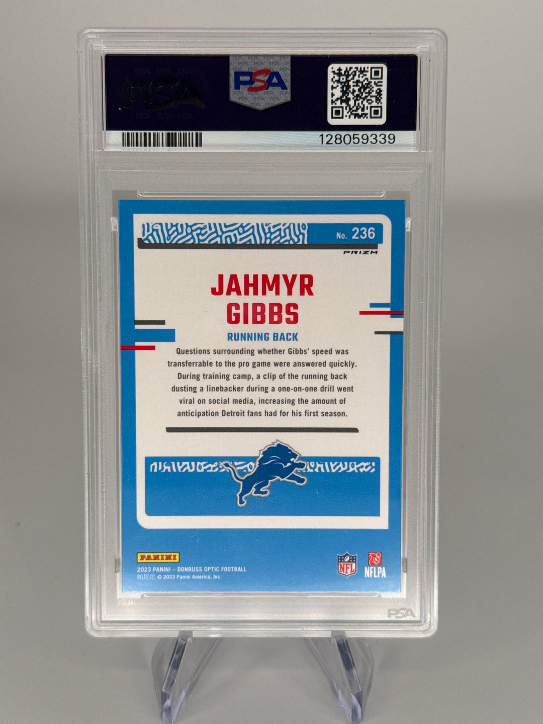 Jahmyr Gibbs 2023 Panini Donruss Optic Holo Rookie, PSA 9 Mint