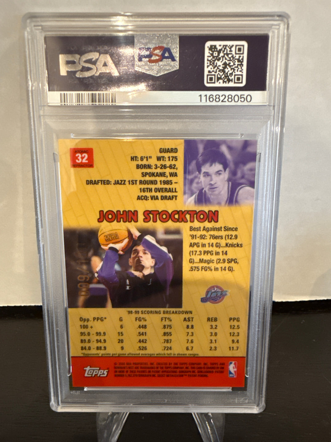 John Stockton 1999 Bowman's Best Atomic Refractor, 009/100, PSA 8