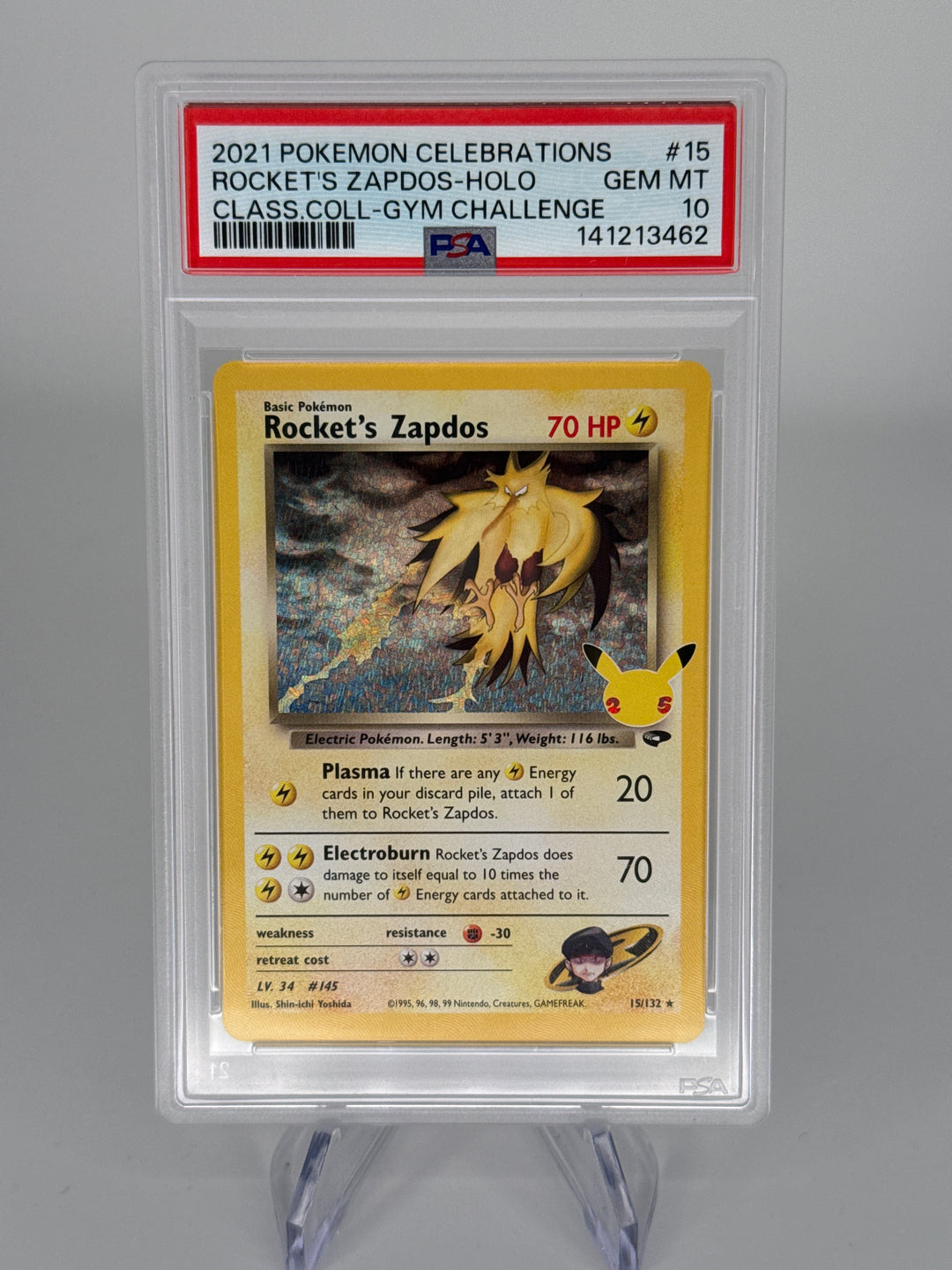 Pokemon TCG 2021 Rocket's Zapdos Celebrations Classic Collection Gym Challenge, 15/132, PSA 10 Gem Mint