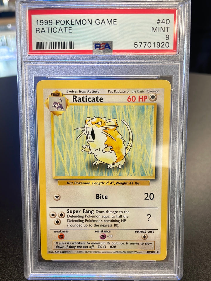 Pokemon TCG 1999 Raticate Base Set, 40/102, PSA 9 Mint