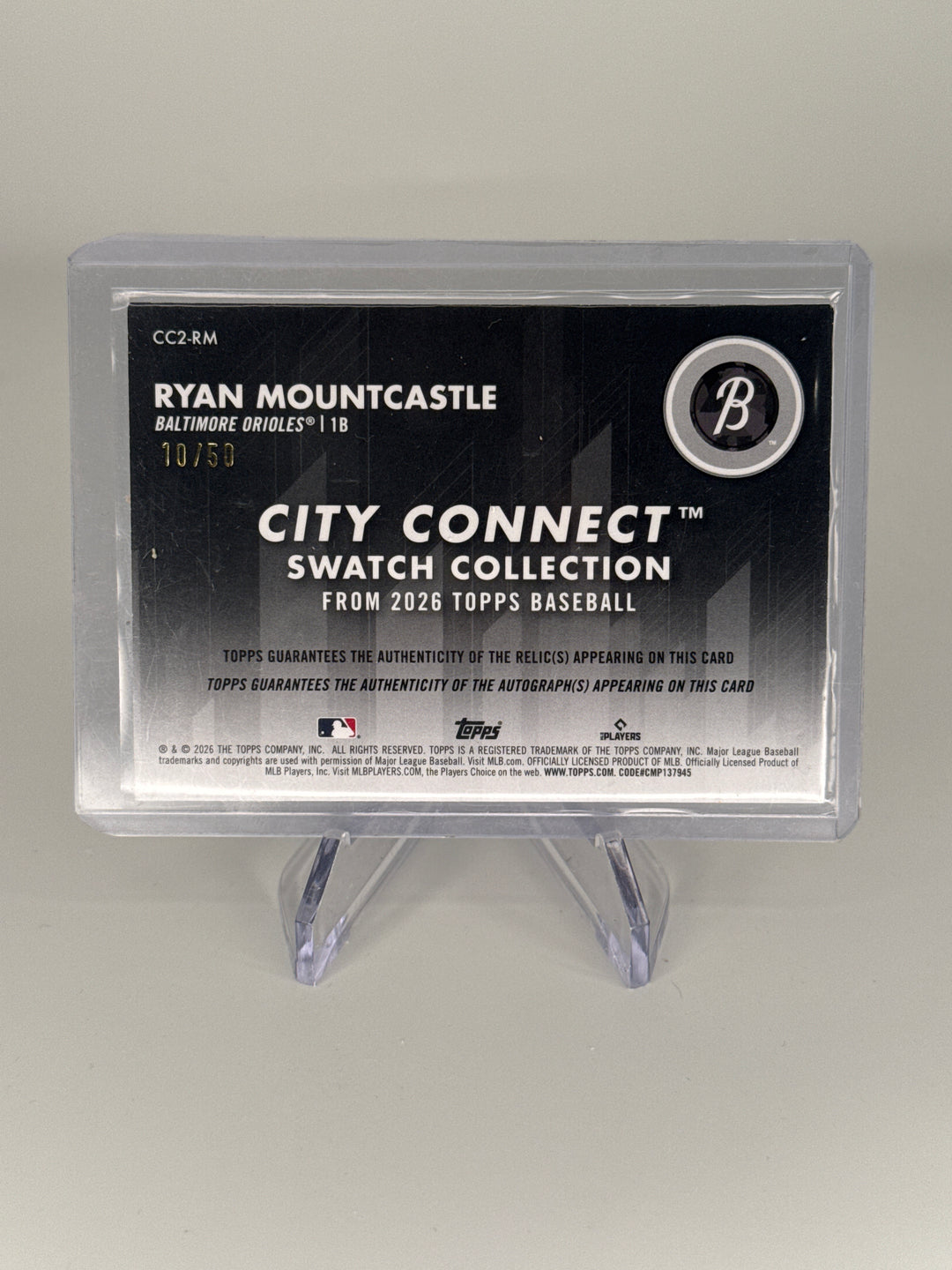 Ryan Mountcastle 2026 Topps City Connect Auto Relic Gold, 10/50