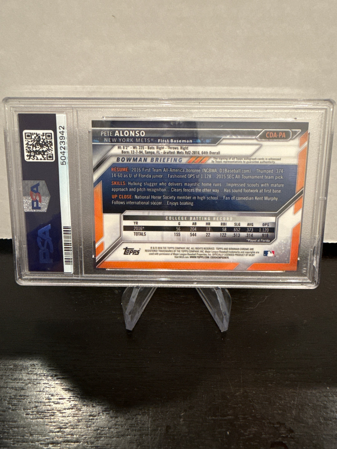 Pete Alonso 2016 Bowman Chrome Draft 1st Bowman Auto, PSA 9 Mint
