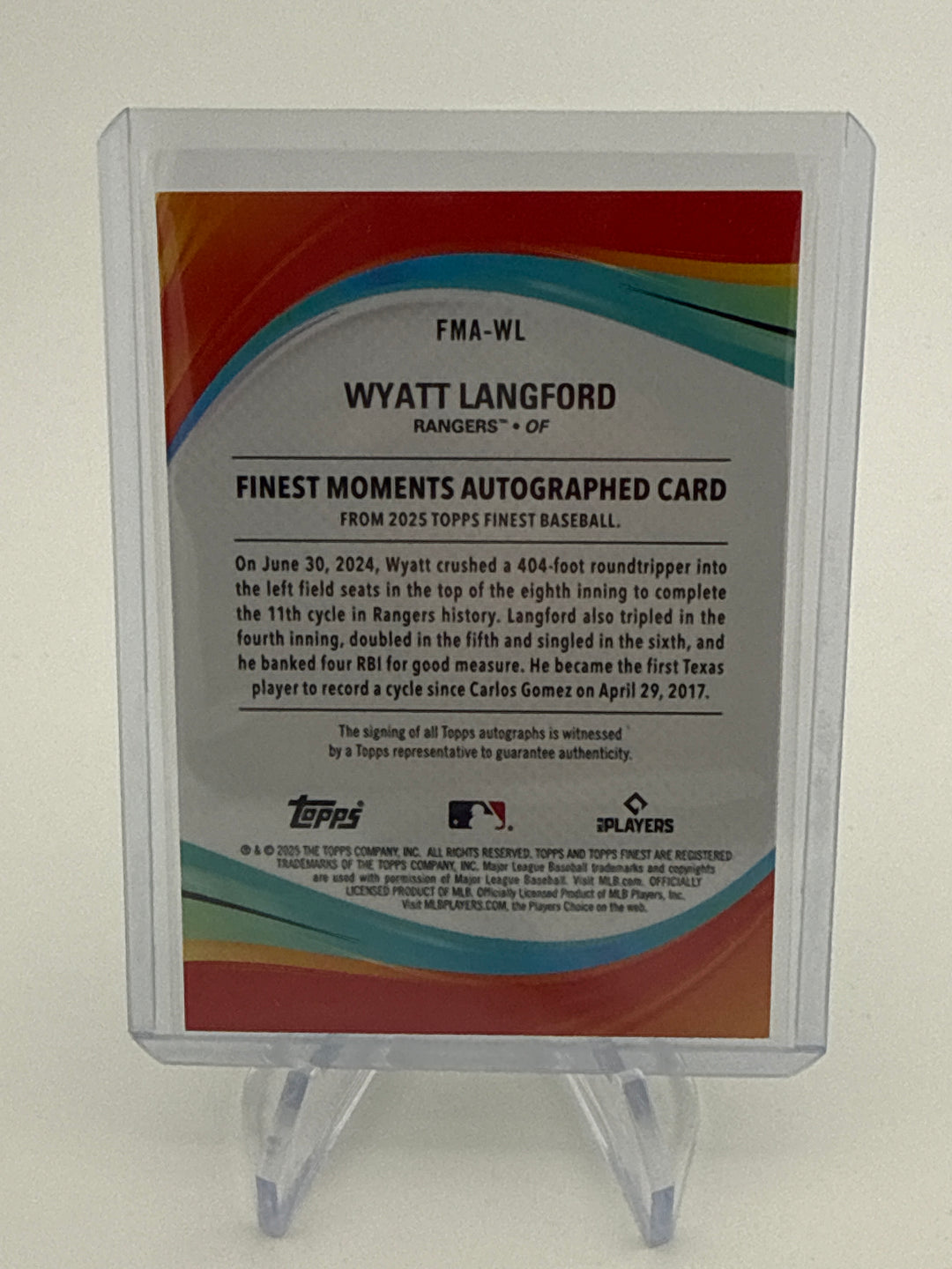 Wyatt Langford 2025 Topps Finest Moments Green Refractor Auto, 62/75