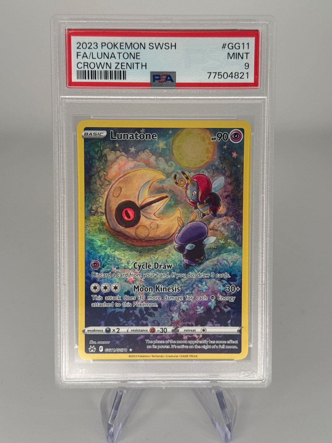Pokemon TCG 2023 Lunatone Crown Zenith Galarian Gallery Holo, GG11/GG70, PSA 9 Mint