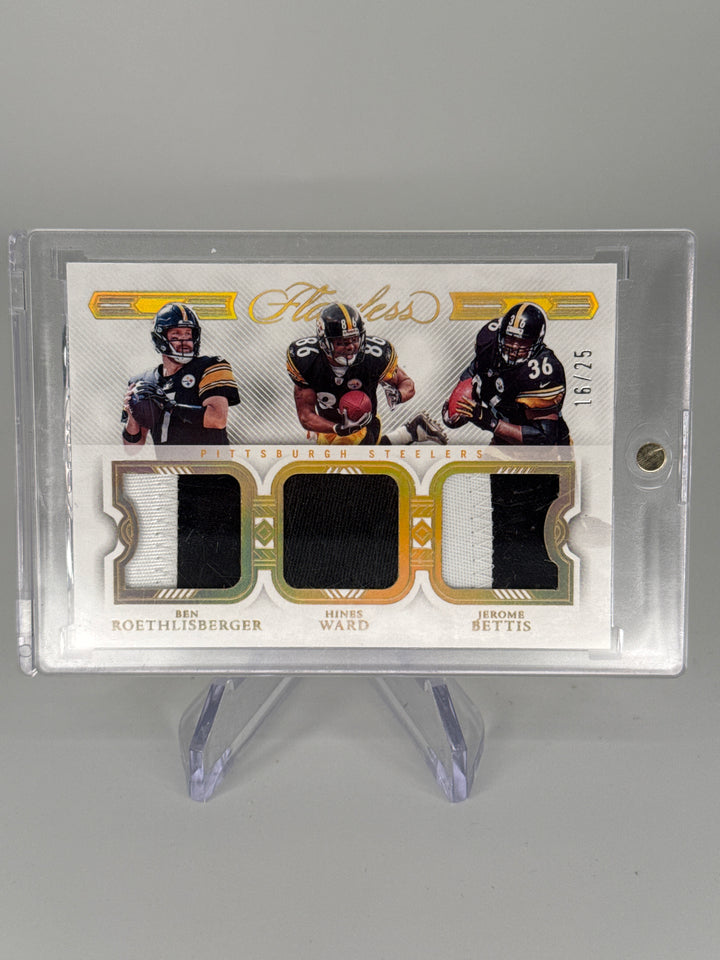 Ben Roethlisberger/Hines Ward/Jerome Bettis 2022 Panini Flawless Triple Relic, 16/25