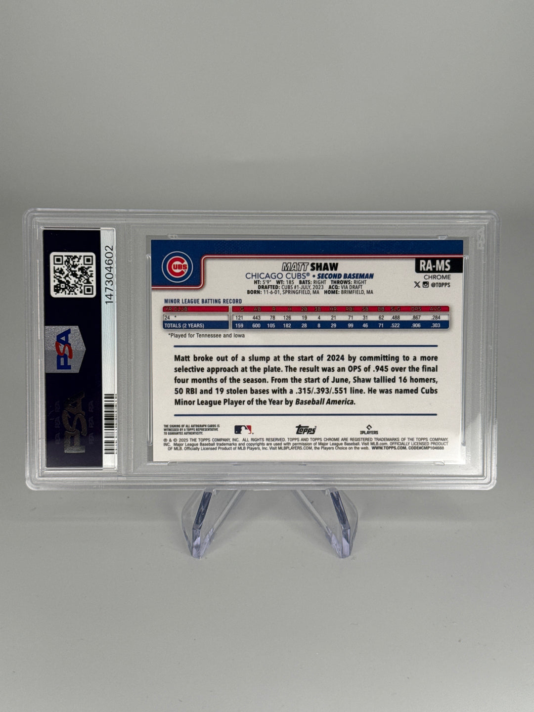 Matt Shaw 2025 Topps Chrome Update Lava Lamp Rookie Auto, 117/175, PSA 10 Gem Mint