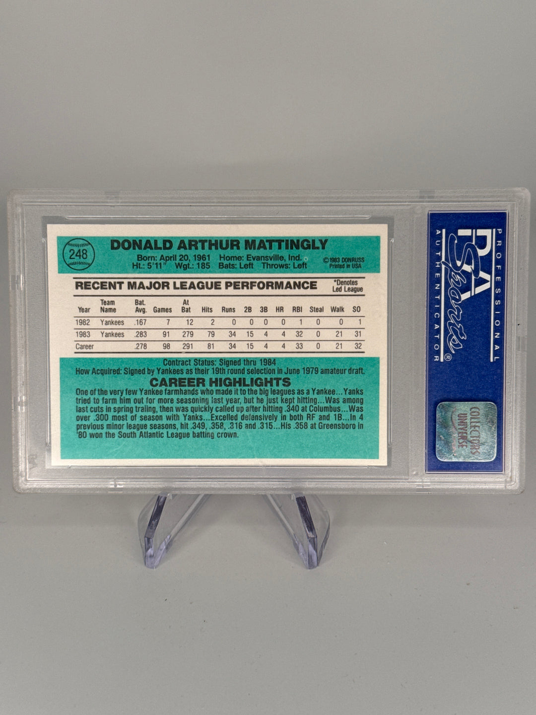 Don Mattingly 1984 Donruss Rookie, PSA 9 Mint
