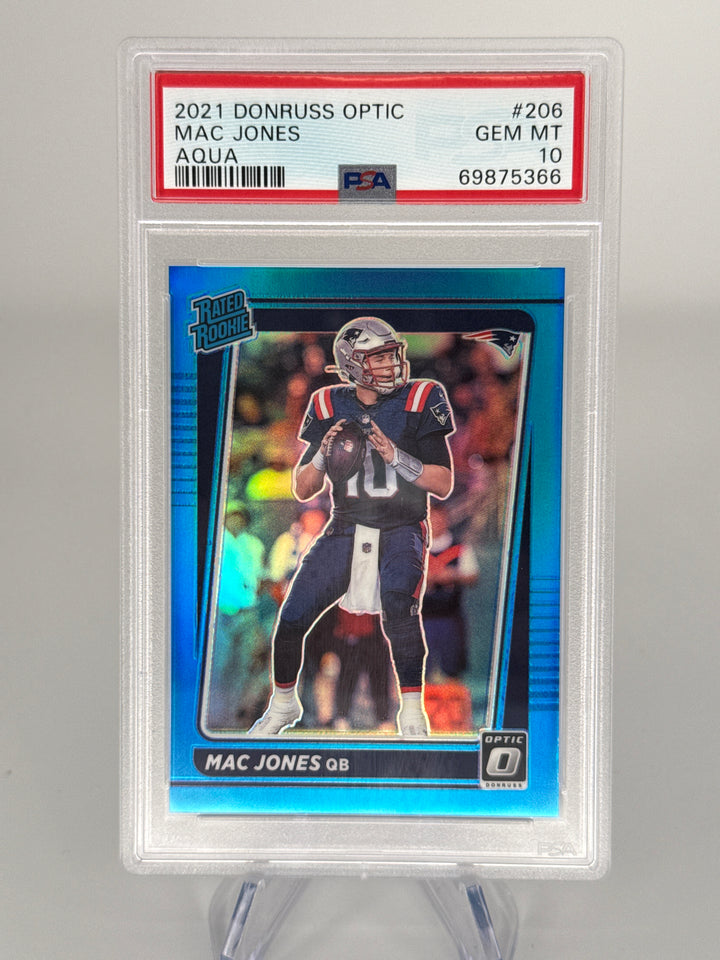 Mac Jones 2021 Panini Donruss Optic Aqua Rated Rookie, 078/299, PSA 10 Gem Mint