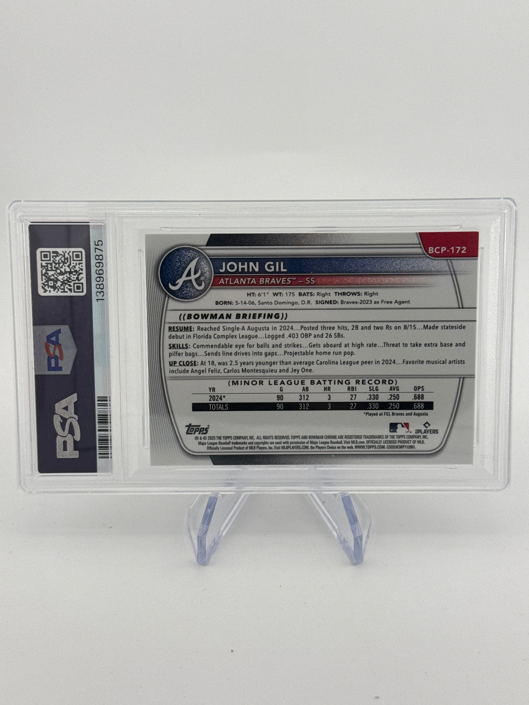 John Gil 2025 Bowman Draft Chrome 1st Peanuts Refractor Snack Pack SSP, PSA 10 Gem Mint