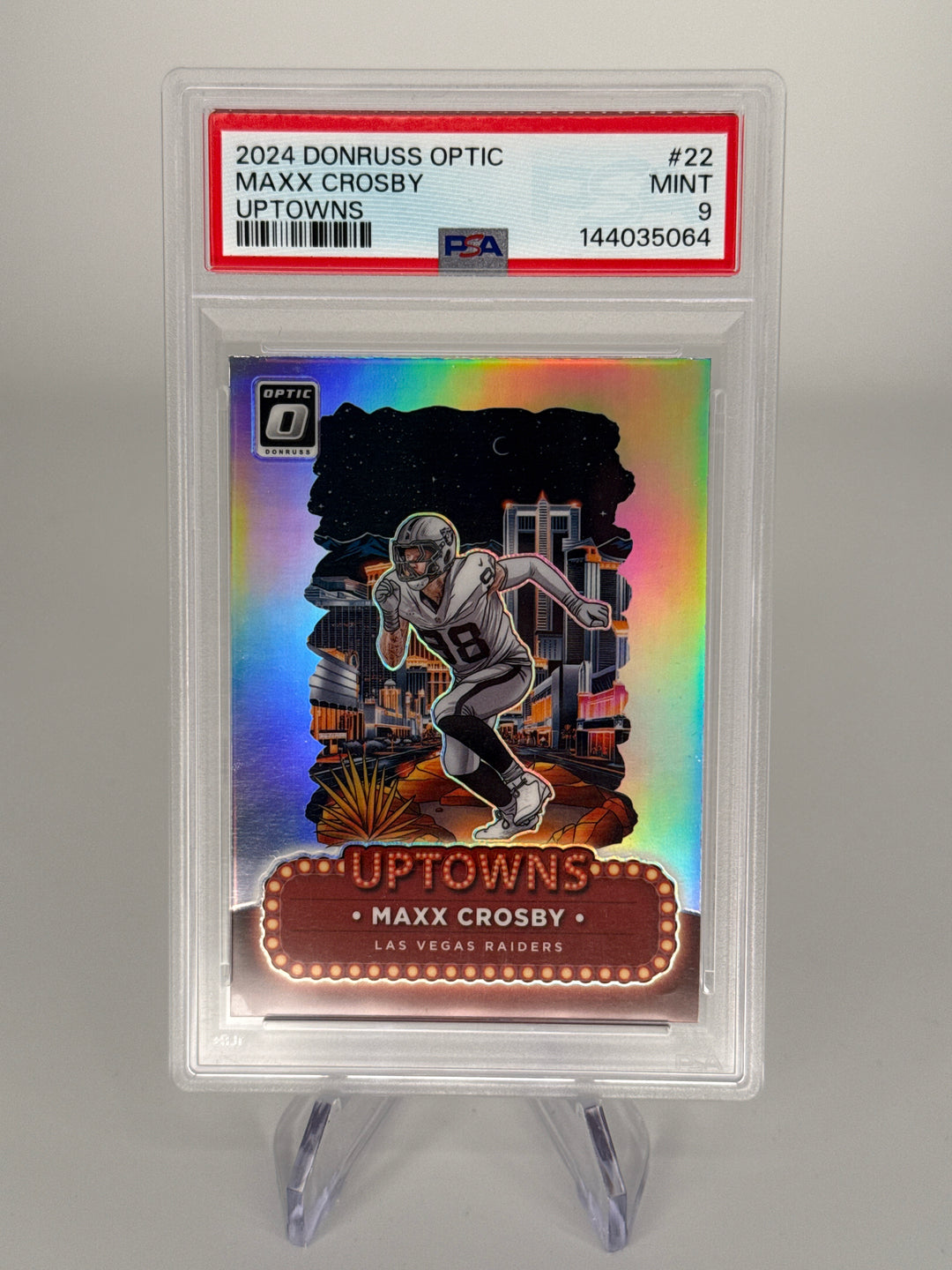 Maxx Crosby 2024 Panini Donruss Optic SSP Uptowns Case Hit, PSA 9 Mint
