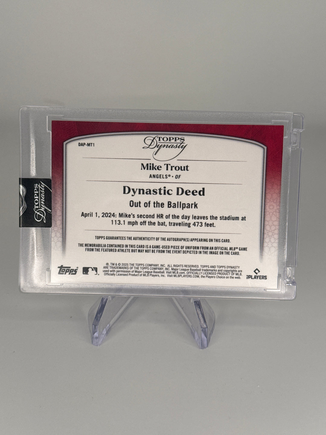 Mike Trout 2025 Topps Dynasty Dynastic Deed Auto Relic, 1/5
