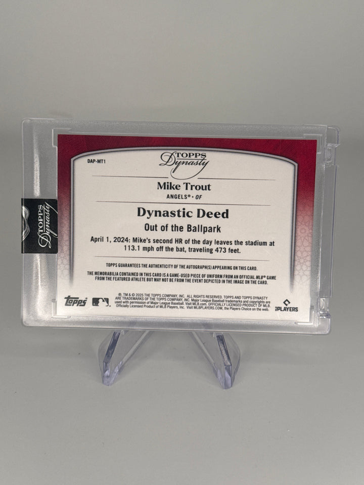 Mike Trout 2025 Topps Dynasty Dynastic Deed Auto Relic, 1/5