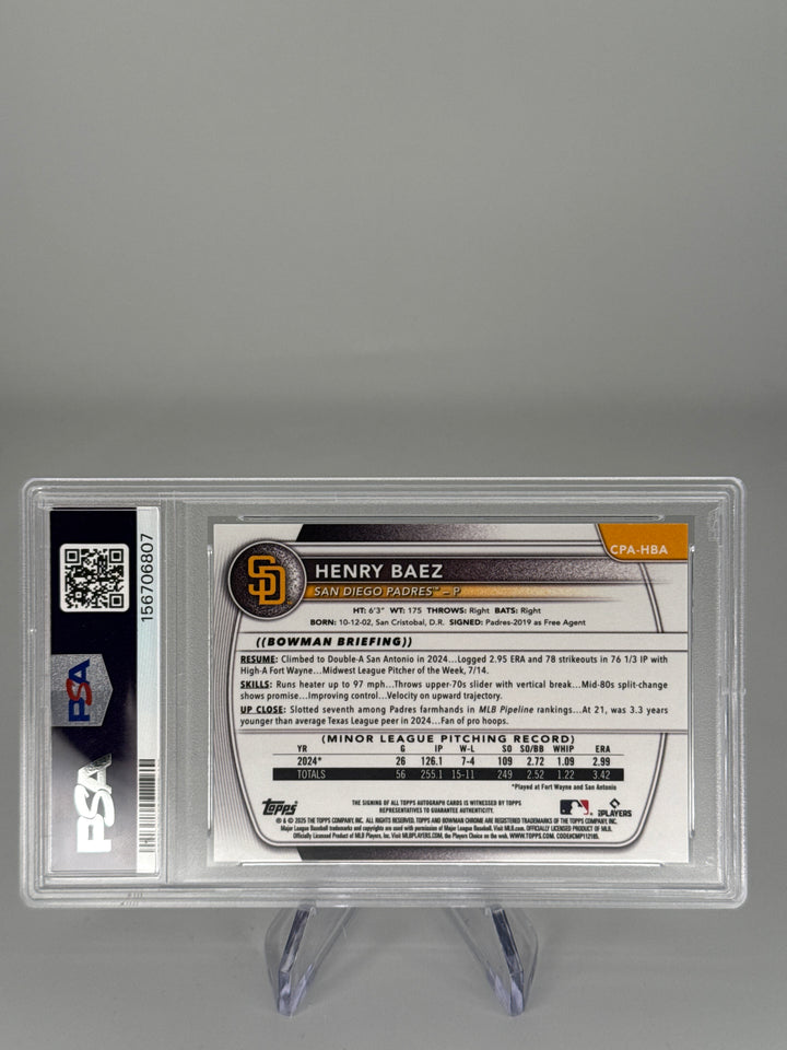 Henry Baez 2025 Bowman Chrome 1st Reptilian Black Refractor Auto, 03/10, PSA 9 Mint