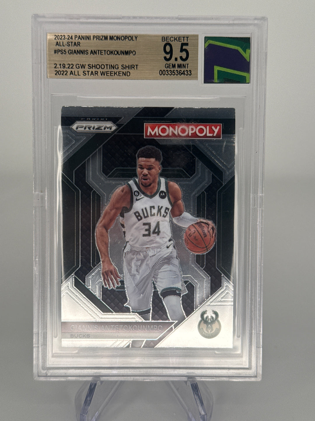 Giannis Antetokounmpo 2024 Jersey Fusion Game Used Jersey Swatch, BGS 9.5 Gem Mint