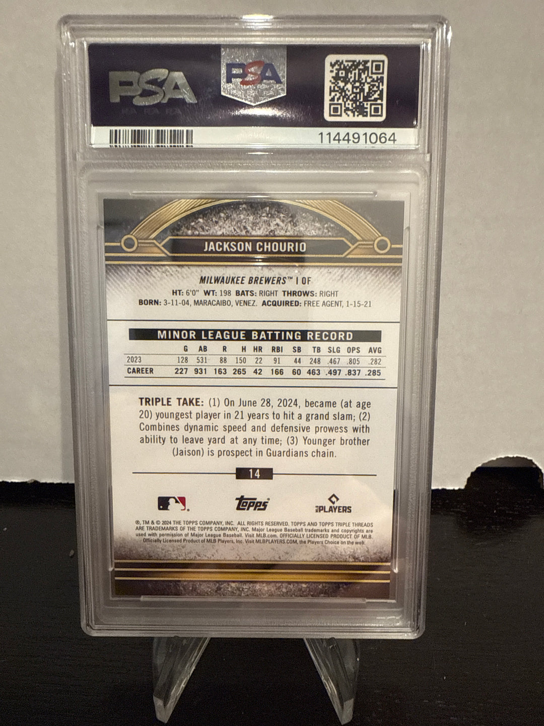 Jackson Chourio 2024 Topps Triple Threads Aquamarine Rookie, 047/149, PSA 9 Mint