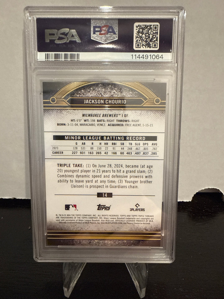 Jackson Chourio 2024 Topps Triple Threads Aquamarine Rookie, 047/149, PSA 9 Mint