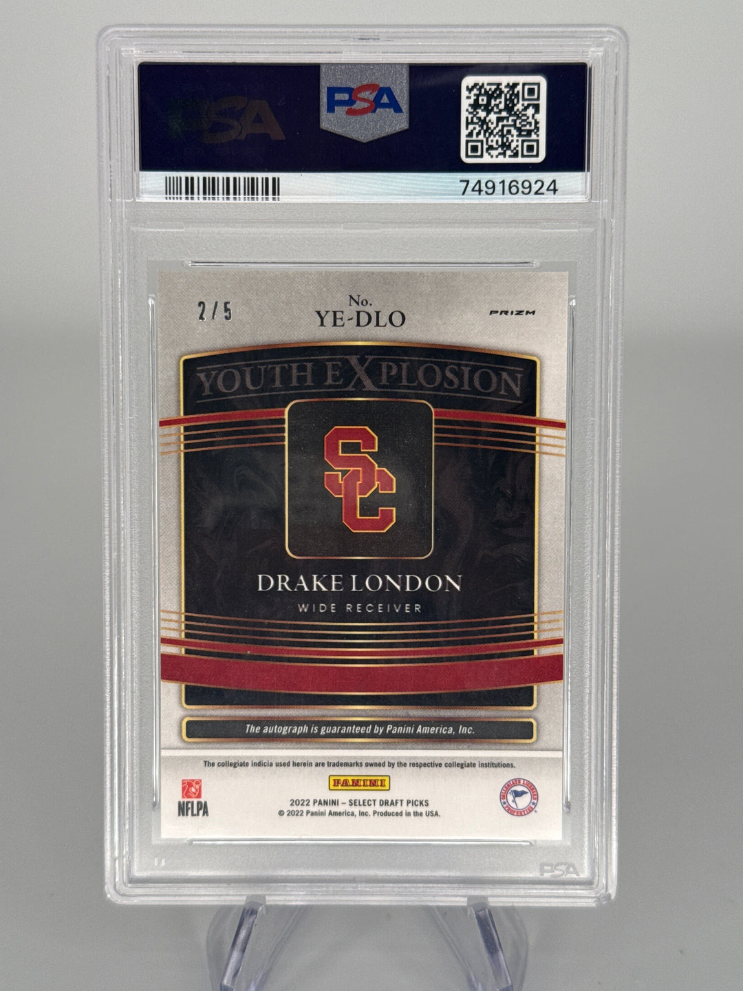 Drake London 2022 Panini Select Youth Explosion White Lazer Rookie Auto, 2/5, PSA 10 Gem Mint