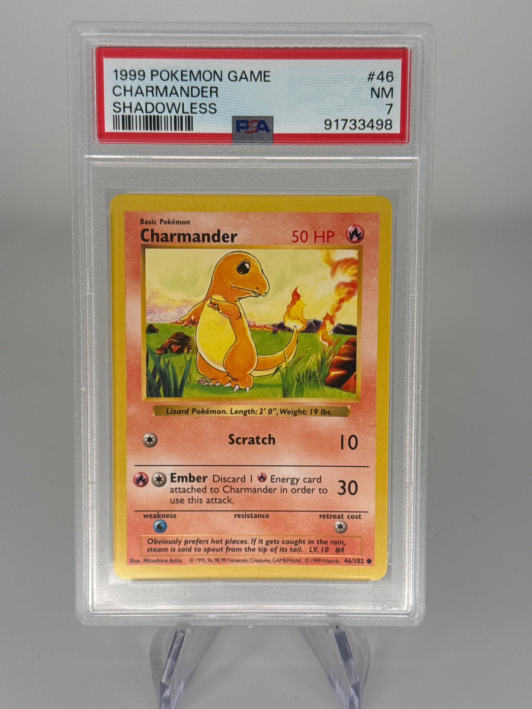 Pokemon TCG 1999 Charmander Base Set Shadowless, 46/102, PSA 7