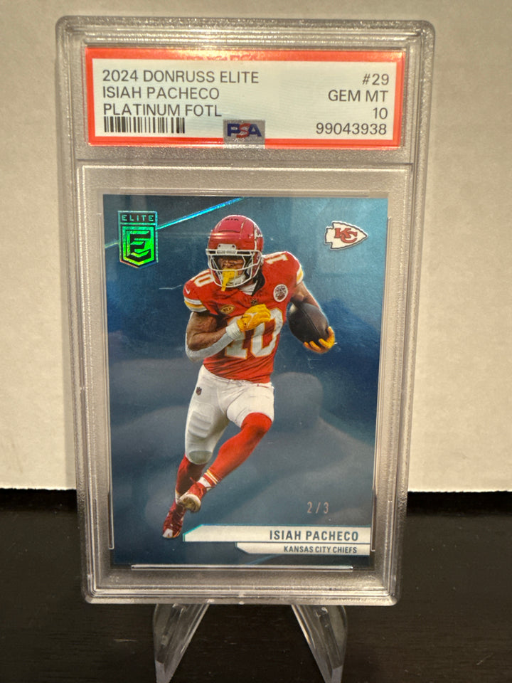 Isiah Pacheco 2024 Panini Donruss Elite Platinum FOTL, 2/3, PSA 10 Gem Mint