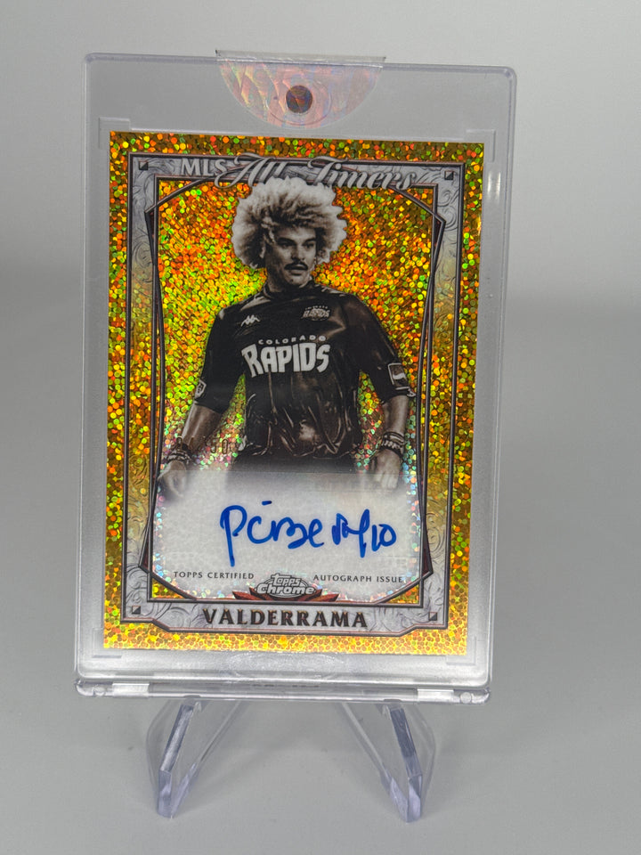 Carlos Valderrama 2025 Topps Chrome MLS All Timers Gold Speckle Refractor Auto, 04/50
