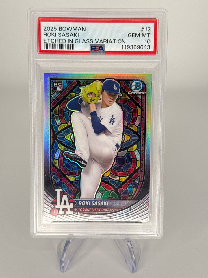 Roki Sasaki 2025 Bowman Chrome Etched in Glass SSP Case Hit Rookie, PSA 10 Gem Mint