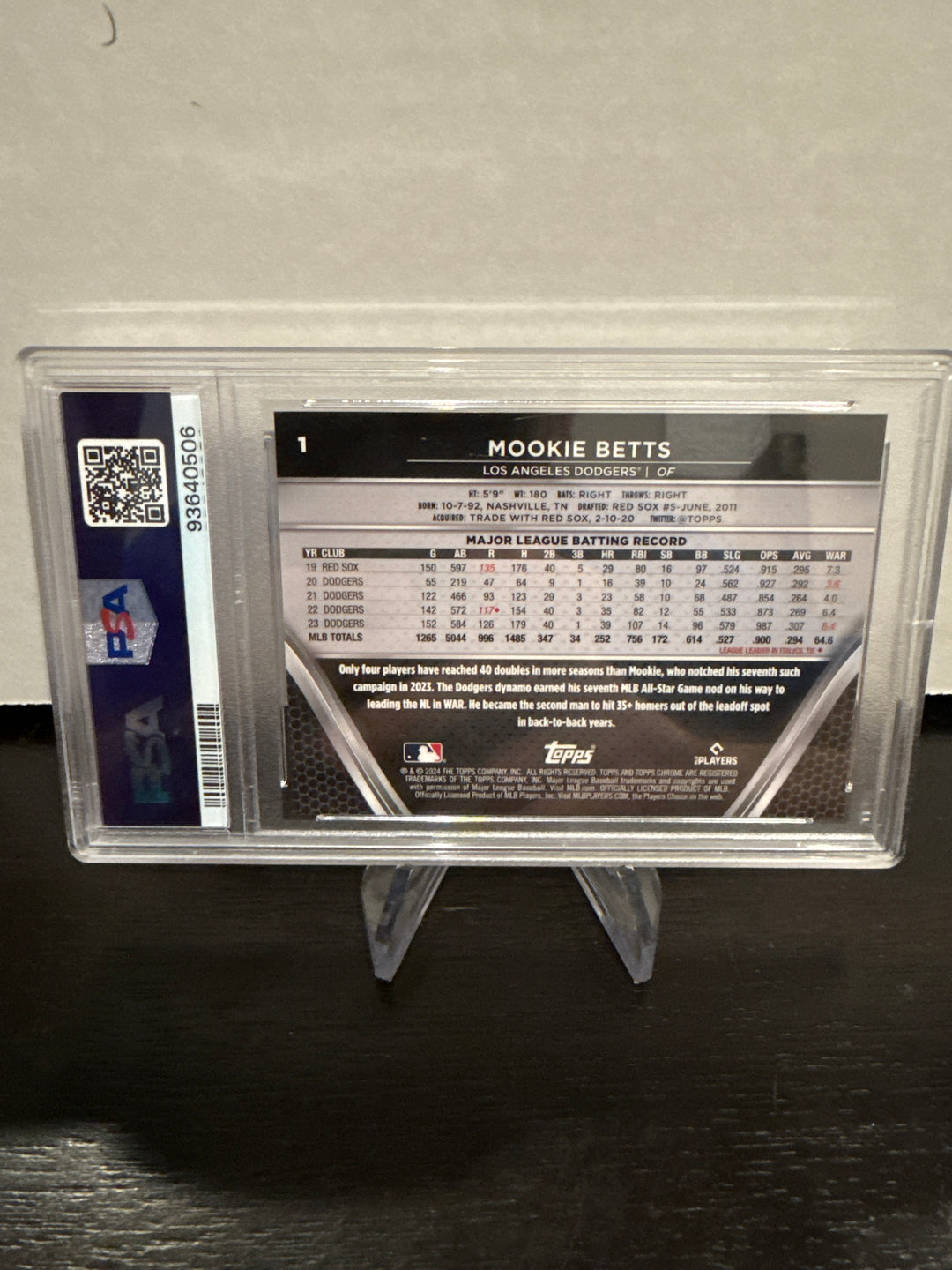 Mookie Betts 2024 Topps Chrome Black Blue Lava Refractor, 07/75, PSA 10 Gem Mint