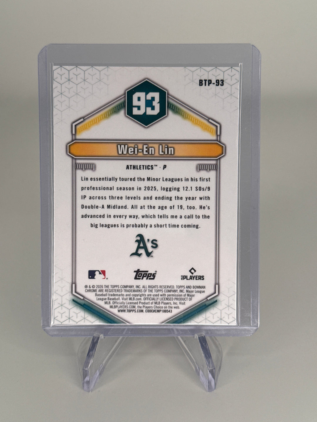 Wei-En Lin 2026 Bowman Chrome Top 100 Prospects Gold Refractor, 43/50