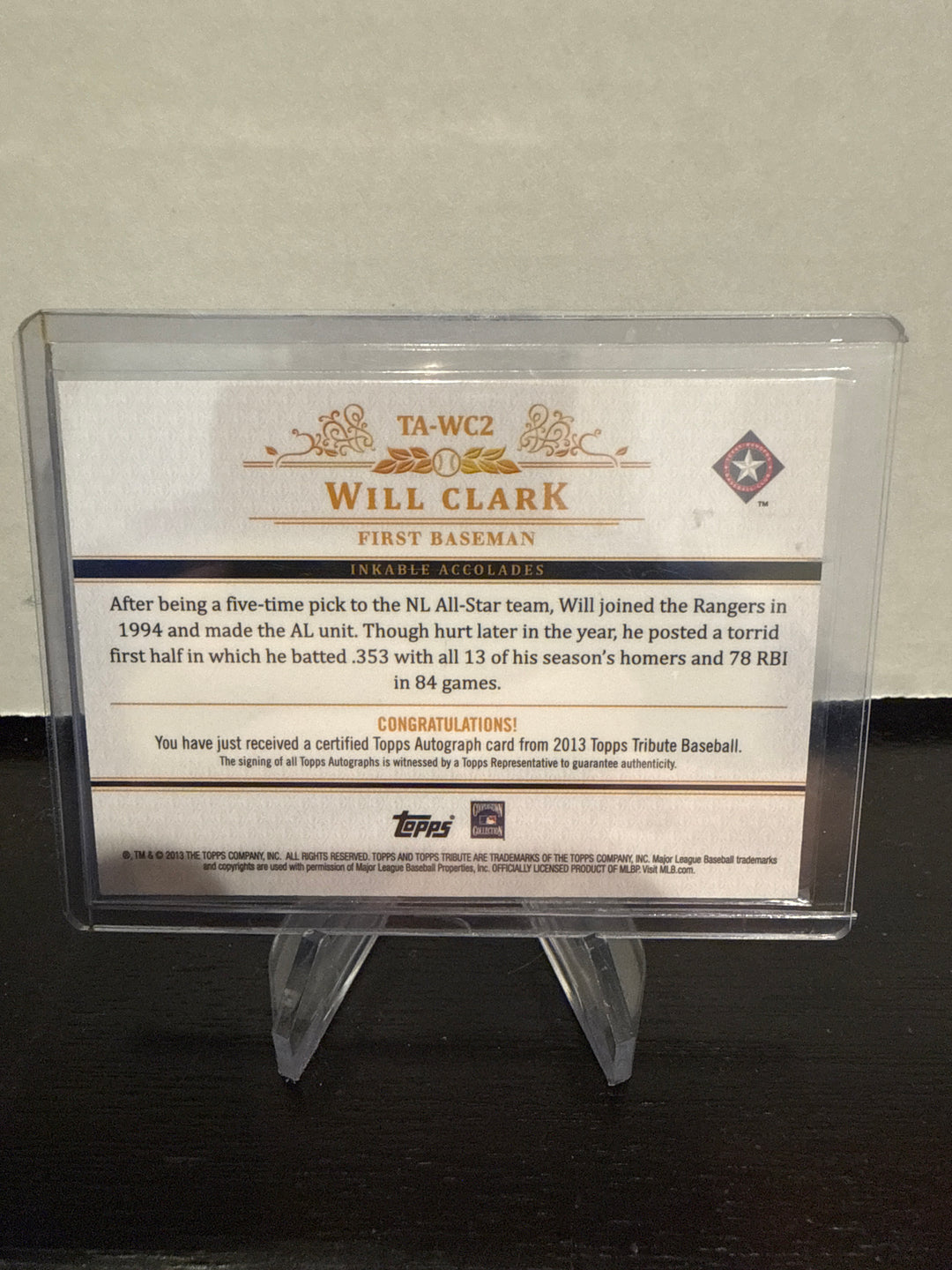Will Clark 2013 Topps Tribute Auto, 05/99