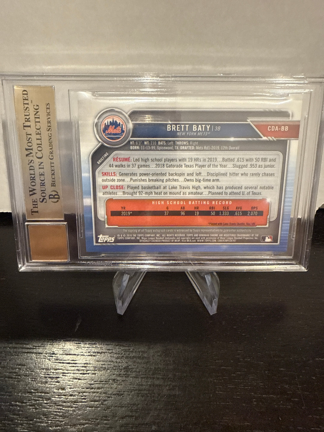 Brett Baty 2019 Bowman Chrome Draft 1st Auto, BGS 9.5 Gem Mint