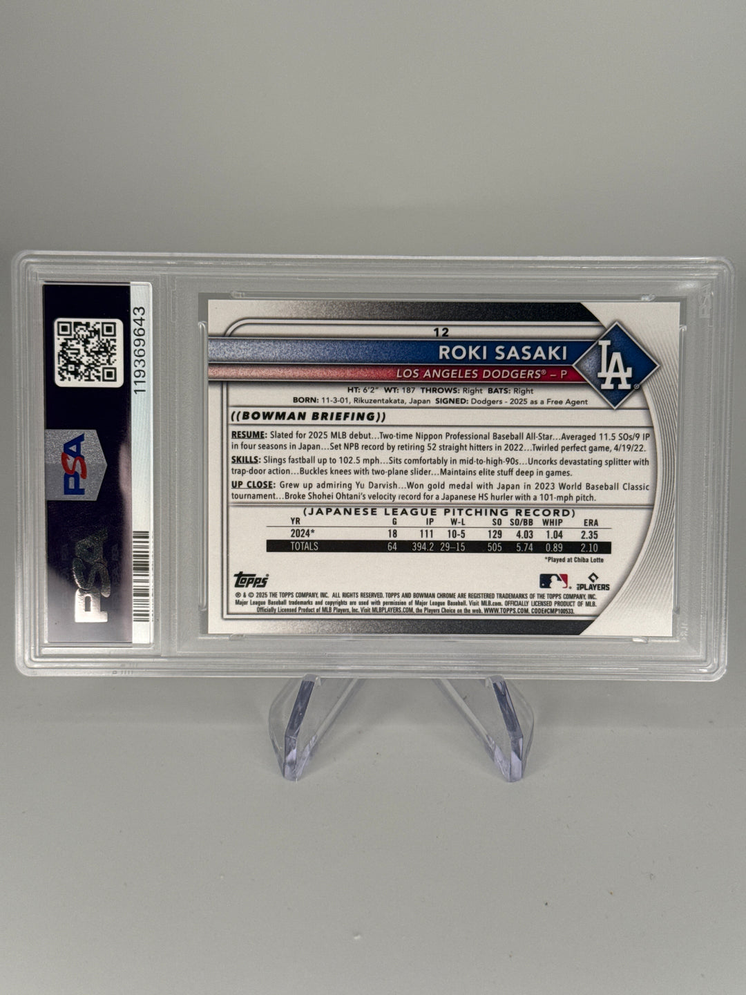 Roki Sasaki 2025 Bowman Chrome Etched in Glass SSP Case Hit Rookie, PSA 10 Gem Mint