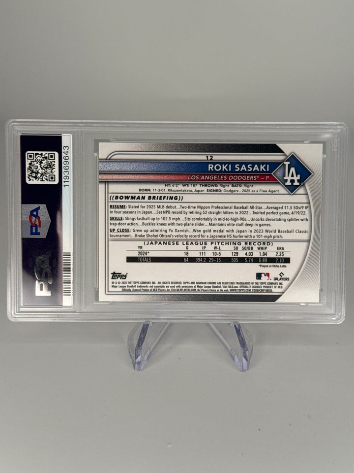 Roki Sasaki 2025 Bowman Chrome Etched in Glass SSP Case Hit Rookie, PSA 10 Gem Mint