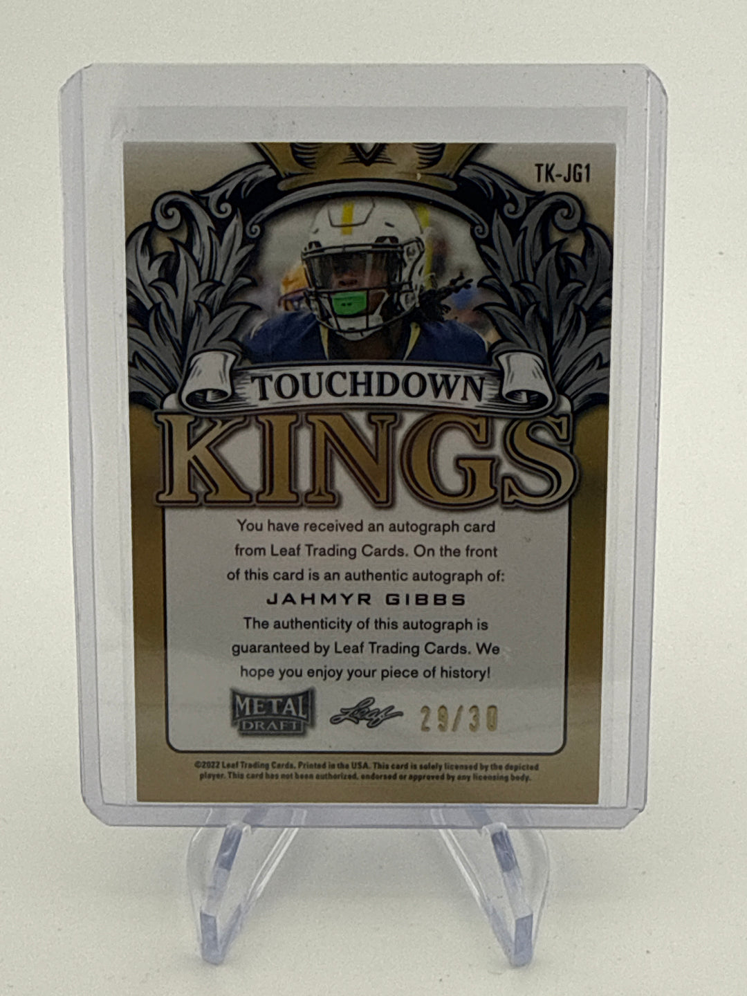 Jahmyr Gibbs 2022 Leaf Metal Draft Touchdown Kings Blue Rookie Auto, 29/30