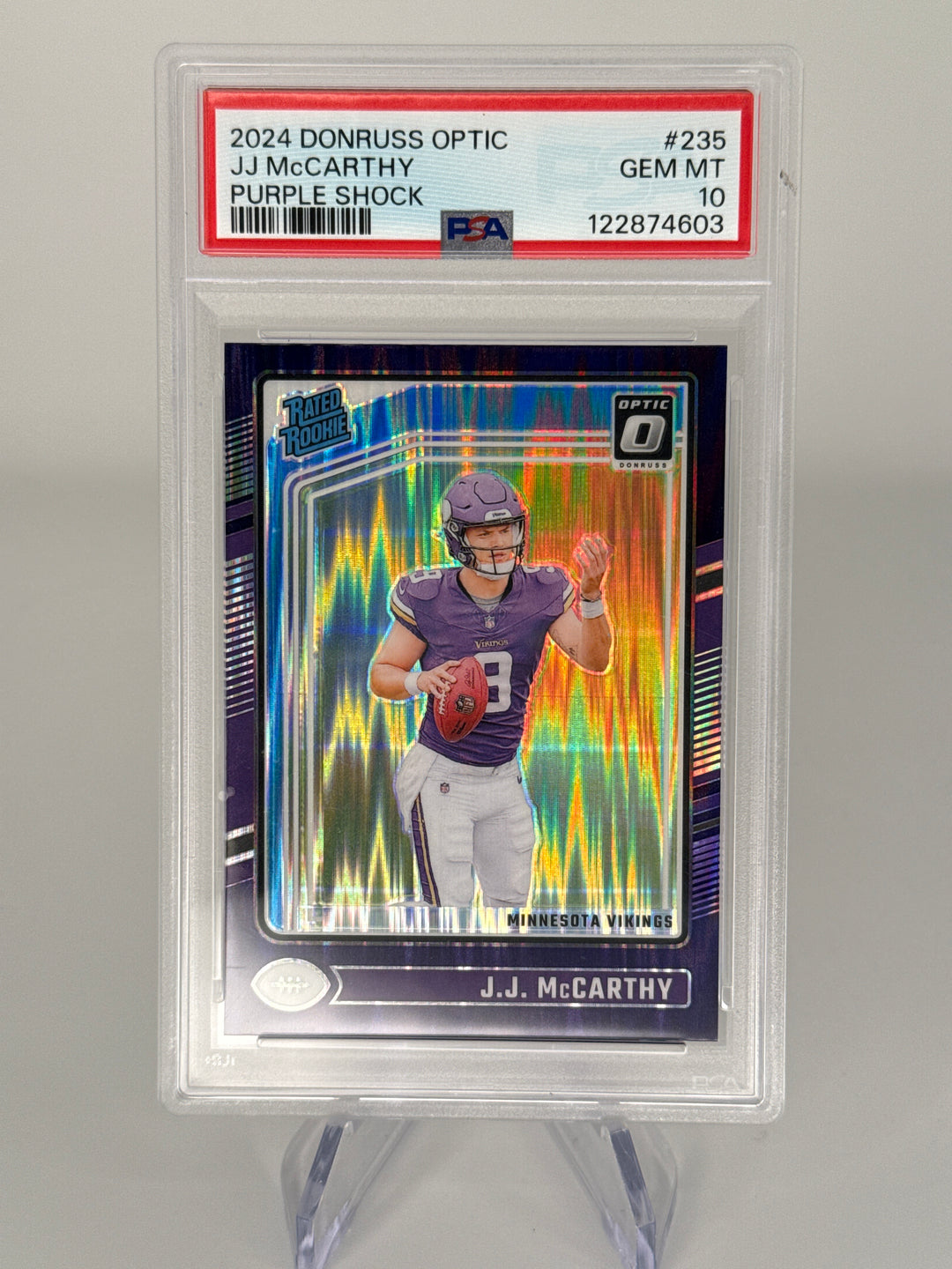 J.J. McCarthy 2024 Panini Donruss Optic Purple Shock Rookie, PSA 10 Gem Mint