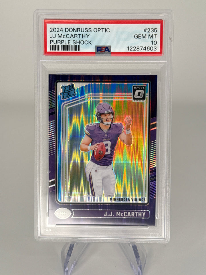 J.J. McCarthy 2024 Panini Donruss Optic Purple Shock Rookie, PSA 10 Gem Mint