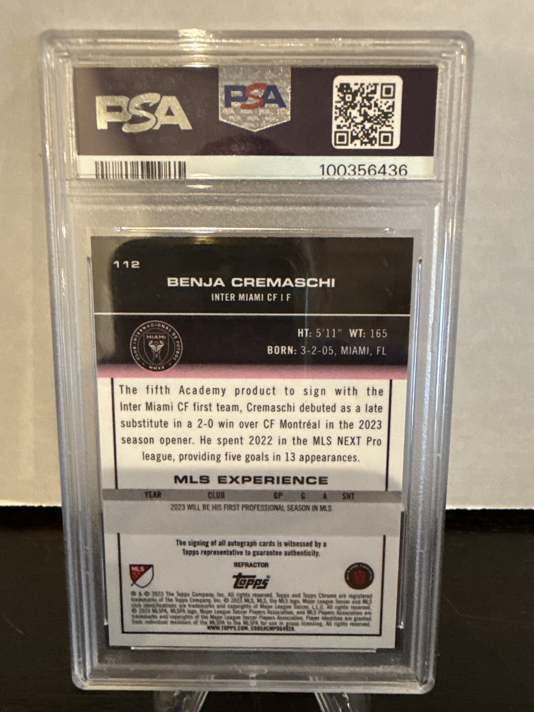 Benja Cremaschi 2023 Topps Chrome MLS Rookie Auto, PSA 9 Mint