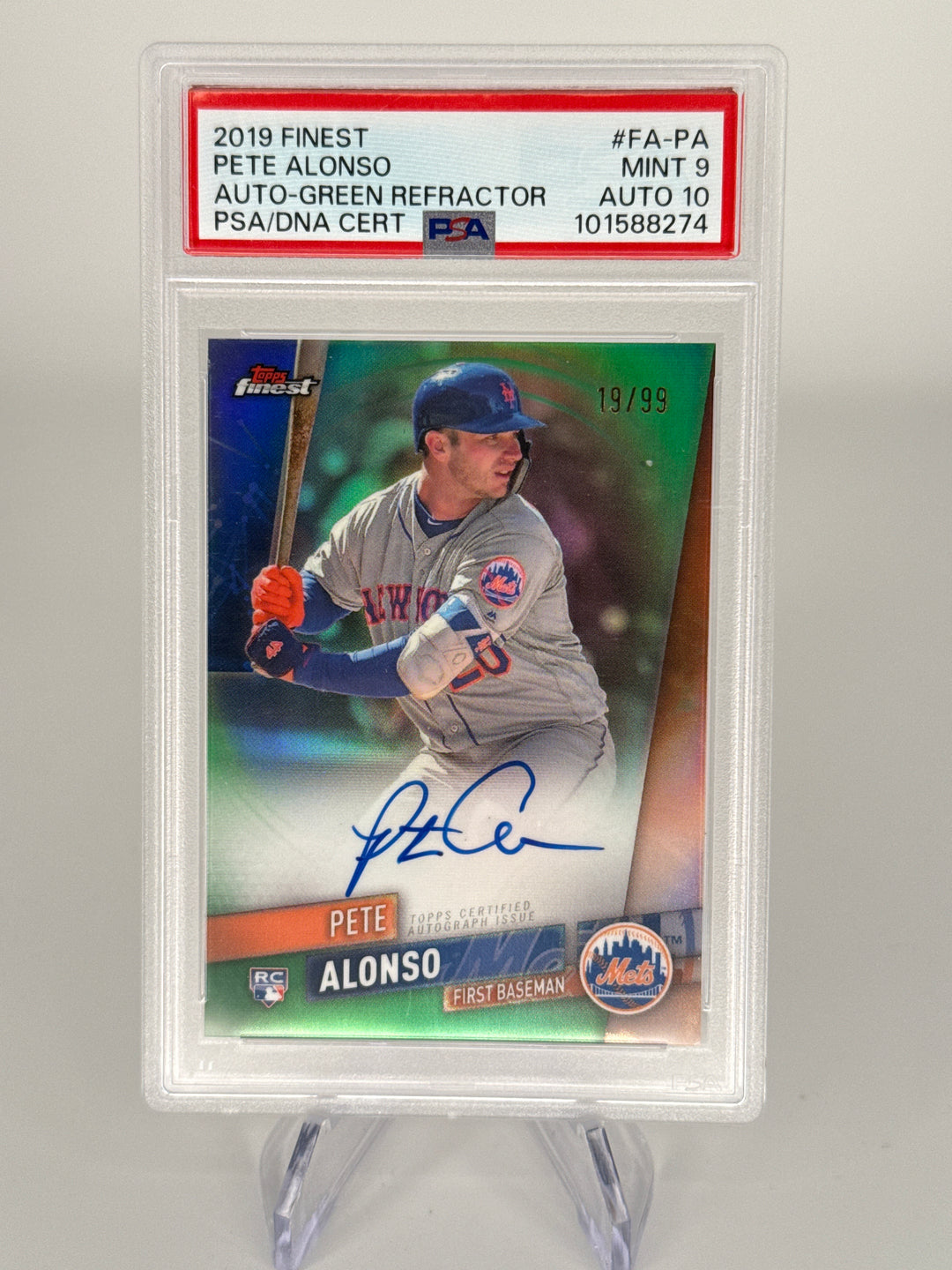 Pete Alonso 2019 Topps Finest Green Refractor Rookie Auto, 19/99, PSA 9 Mint, PSA 10 Auto
