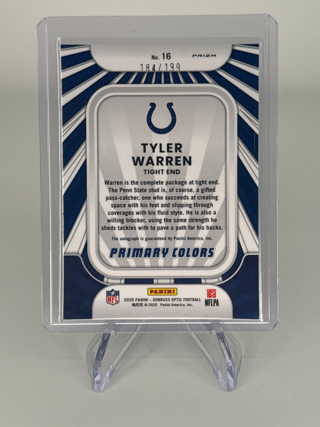 Tyler Warren 2025 Panini Donruss Optic Primary Colors Rookie Auto, 184/199