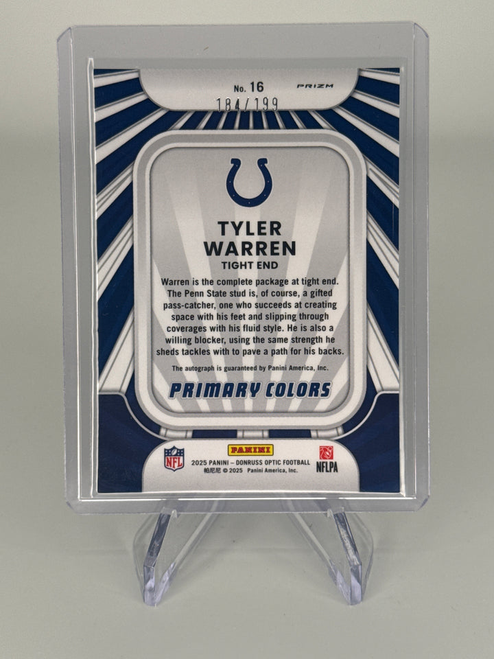 Tyler Warren 2025 Panini Donruss Optic Primary Colors Rookie Auto, 184/199