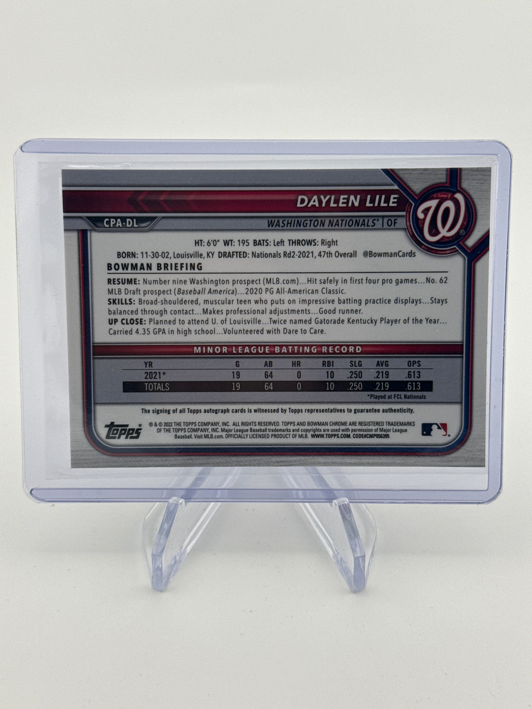 Daylen Lile 2022 Bowman Chrome Purple Refractor 1st Auto, 211/250
