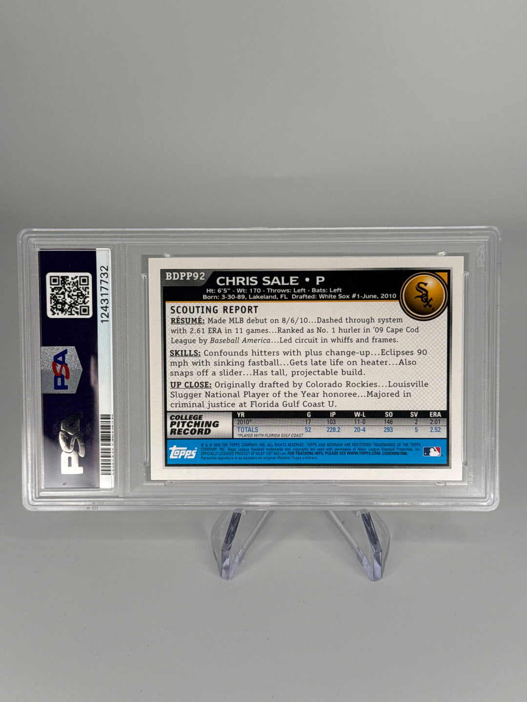 Chris Sale 2010 Bowman Drafts Picks & Prospects 1st, PSA 10 Gem Mint
