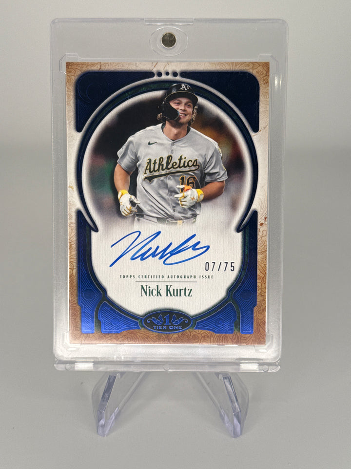 Nick Kurtz 2026 Topps Tier One Prime Performers Blue Foil Auto, 07/75