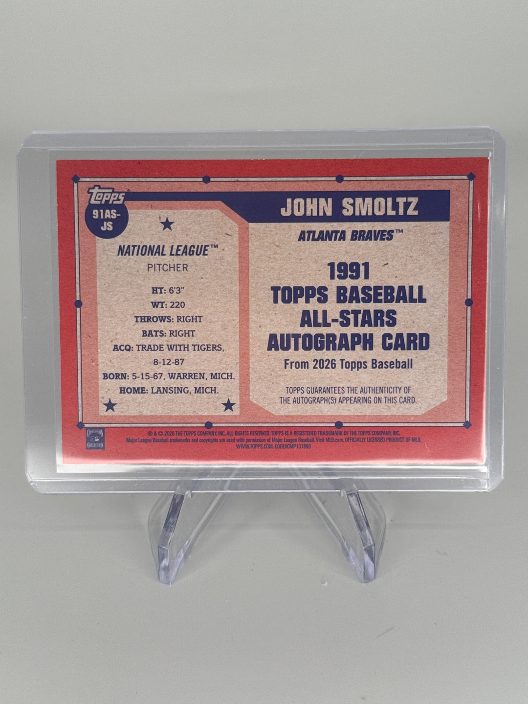 John Smoltz 2026 Topps 1991 75th Anniversary Green Auto, 84/99
