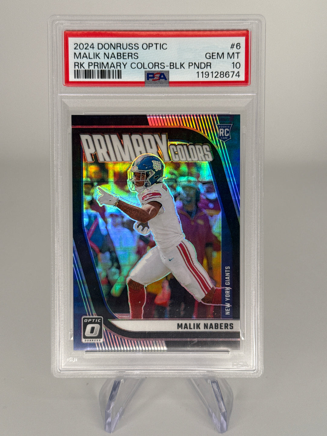 Malik Nabers 2024 Panini Donruss Optic Primary Colors Black Pandora Rookie, 15/25, PSA 10 Gem Mint