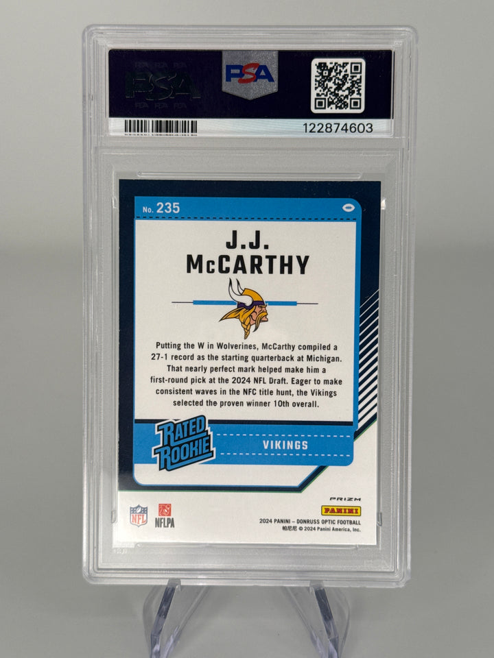 J.J. McCarthy 2024 Panini Donruss Optic Purple Shock Rookie, PSA 10 Gem Mint