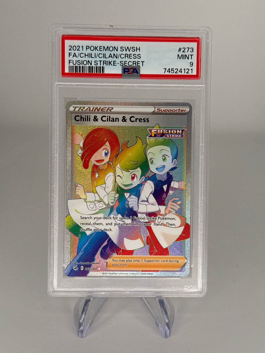 Pokémon TCG 2021 Chili & Cilan & Cress Fusion Strike Secret Rare Full Art Rainbow Trainer, 273/264, PSA 9 Mint