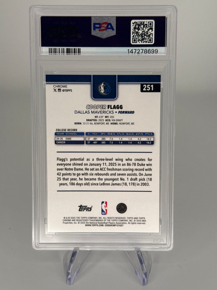 Cooper Flagg 2025 Topps Chrome Rookie, PSA 10 Gem Mint