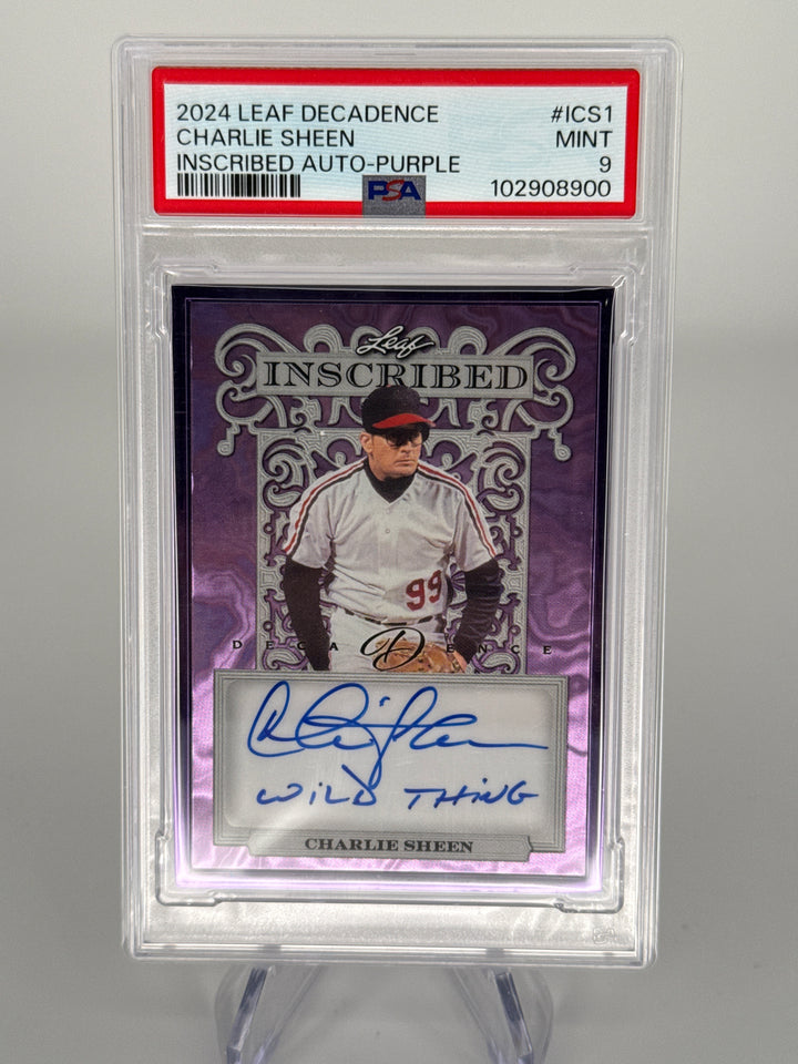 Charlie Sheen 2024 Leaf Decadence Inscribed Purple Auto, "Wild Thing" 4/5, PSA 9 Mint