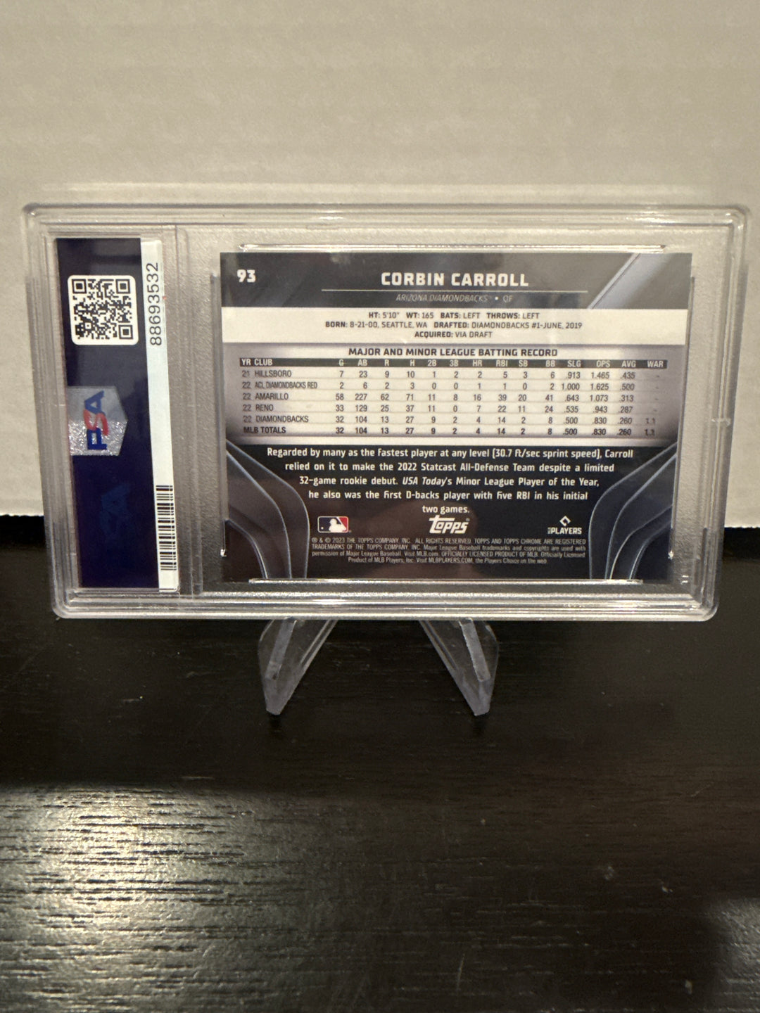 Corbin Carroll 2023 Topps Chrome Black Gold Refractor Rookie, 22/50, PSA 10 Gem Mint