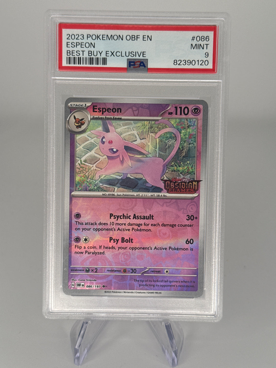 Pokemon TCG 2023 Espeon Best Buy Exclusive Obsidian Flames Stamped Promo, 086/197, PSA 9 Mint